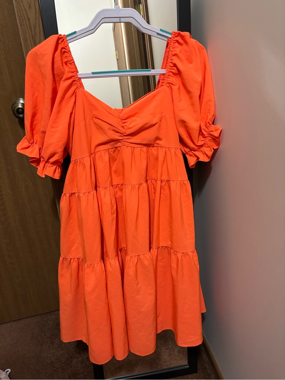 Endless Rose Orange Puff-Sleeve Tiered Midi Dress
